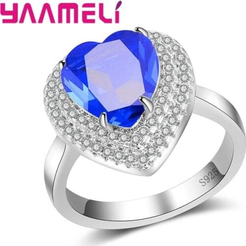 Women Fashion 925 Sterling Silver Romantic Shining Heart Blue Zircon Ring Trendy Wedding Rings Bridal Jewelry Anel