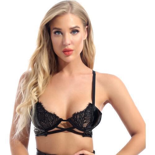 Women Fashion Sexy Lingerie Wet Look Patent Leather Lace Unlined Underwired Bra Top Adjustable Bralette Bra Hollow Out Brassiere