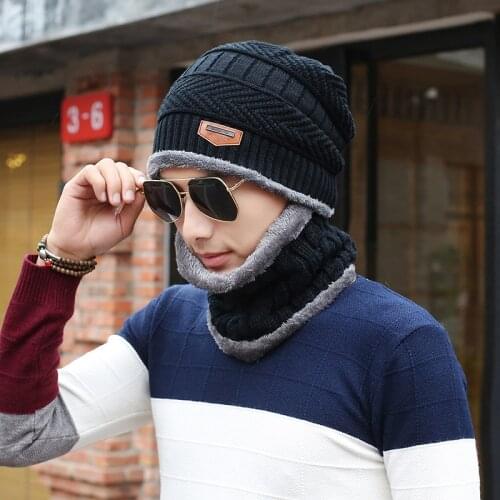 2020 Winter Knitted Hat Neck Scarf Men Thick And Warm Caps Wind Protective Wool Solid ColorToque Fashon Hot Selling