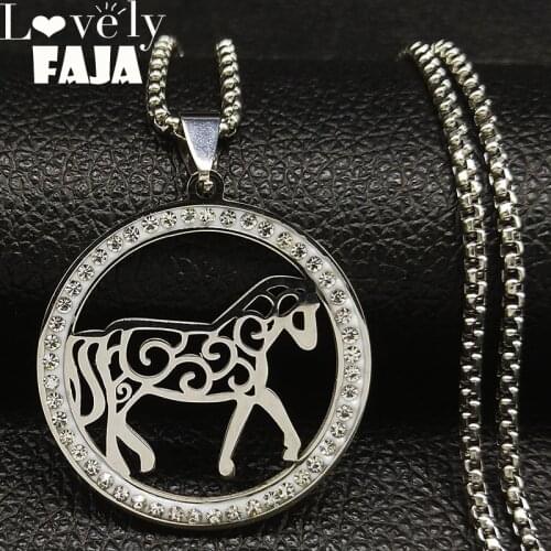 2021 Fashion Horse Crystal Stainless Steel Chain Necklace for Women Silver Color Pendant Necklace Jewelry colar N18584
