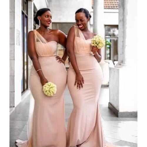 2021 New Design Cheap Long Pale Pink Satin Mermaid Wedding Bridal Bridesmaid Dresses