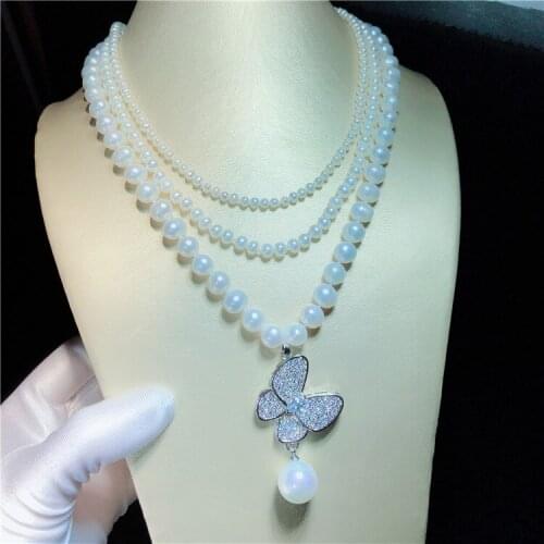 Hand knotted 3rows natural white freshwater pearl butterfly micro inlay zircon accessories necklace fashion jewelry
