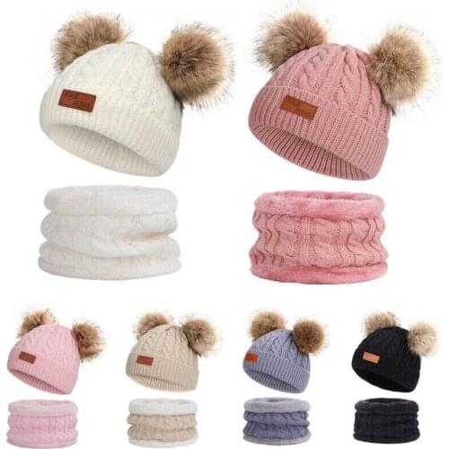 Kids Boy Girl Winter Outdoor Chunky Knit with Double Fur Pom Pom Cute Beanie Hat 2PCS
