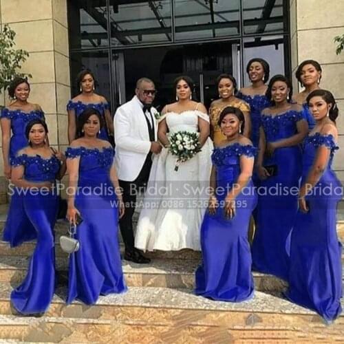 Stylish Appliques Beads Long Bridesmaid Dresses Royal Blue Mermaid Off Shoulder African Girls Maid Of Honor Dress Wedding Guest