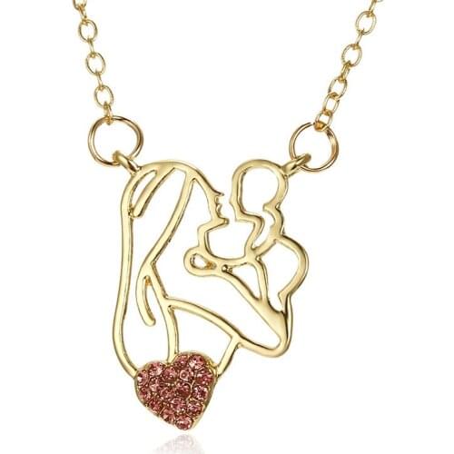 Doreen Box Necklace Golden Color Mother And Child Light Pink Heart Rhinestone Pendant Necklace Creative Anniversary Gift, 1 PC