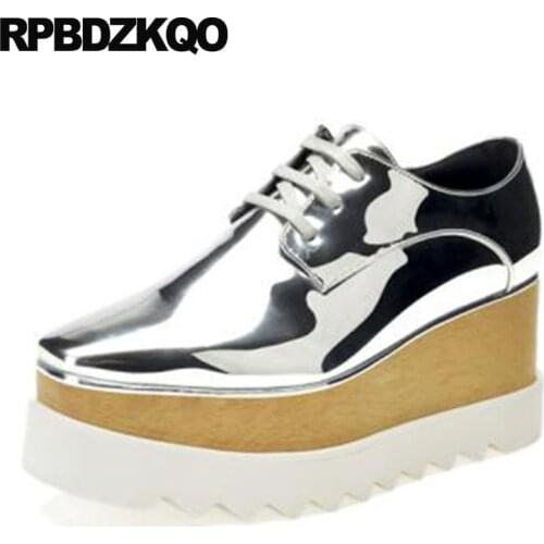 Jeans Creepers Platform Shoes Elevator Metallic Wedge Patent Leather Gold Sneakers Denim Women Silver Harajuku Snake Large Size