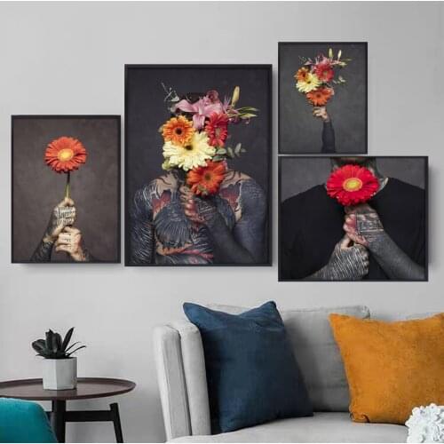 Canvas painting Wall art picture Posters Fashion Tattoo art Men Holding flowers Print Wall decor painting Poster black and white