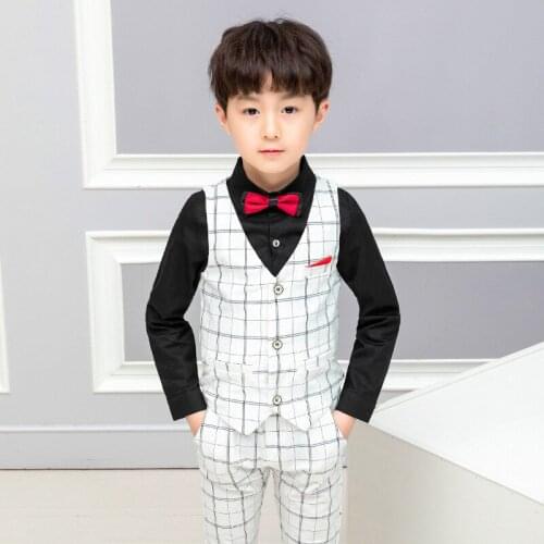 V-neck Plaid V boy wedding outfit Children maternity vestidos New party suit for boys baby white vest blouse tie suit