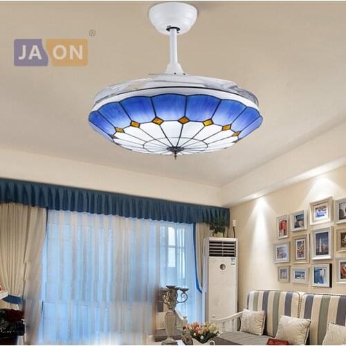 LED Mediterranean Sea Iron Glass ABS Blue Ceiling Fan LED Lamp.Ceiling Lights.LED Ceiling Light.Ceiling Lamp For Foyer