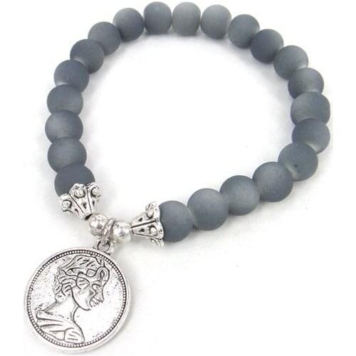 MOODPC Free drop shipping Fashion women grey matt glass beads and alloy beads princess charm elasticity bracelet