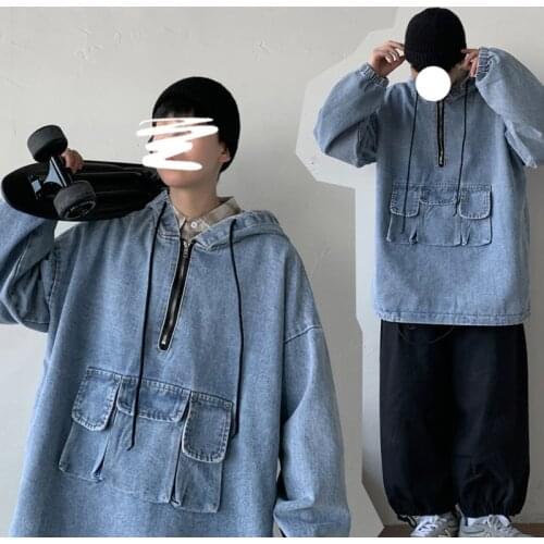 Cotton Hooded Denim Jacket Mens Fashion Pocket Tooling Hooded Denim Jackets Mens Streetwear Loose Hip-hop Bomber Jacket Men