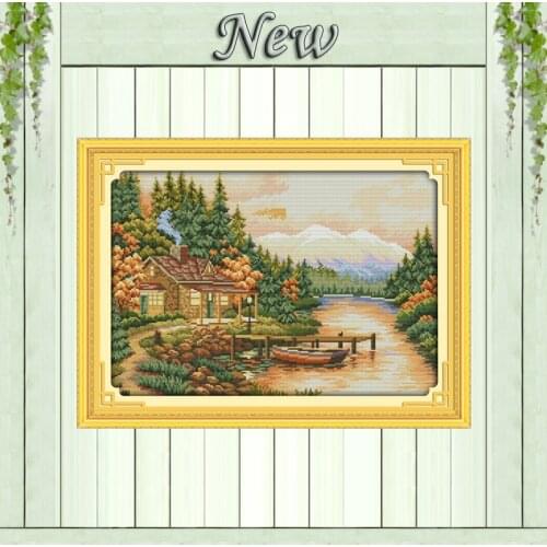 Sunset Scenery,11CT printed on the canvas DMC 14CT Cross Stitch kits,needlework all embroidery Sets,Cabin Scenic Home Decoration