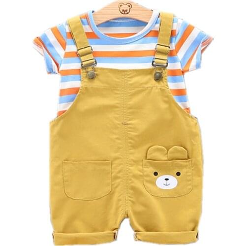 New Summer Baby Boy Clothes Suit Children Girl Cotton Striped T Shirt Overalls 2Pcs/set Toddler Fashion Clothing Kids Tracksuits