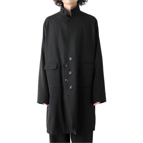 The new mens trench coat black department design ultra loose stand collar mens oversize mens coat