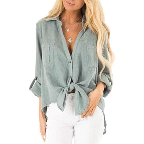 Autumn Cotton Linen Blouse Full Sleeve Loose Type V-neck Solid Black Light Green Beige Color Size S To XL Long Sleeve Shirt