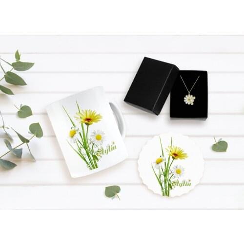 Personalized Daisy Themed Mug Coaster and Double Is Daisy Necklace Seti-11