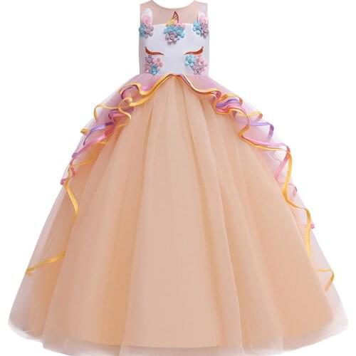 Unicorn Dress Girls Elegant Flower Unicorn Princess Cosplay Costumes Halloween Kids Girls Birthday Party Dress for Photo Shoot
