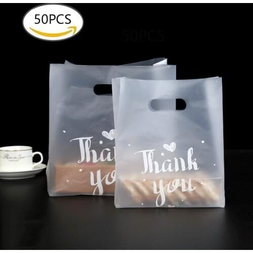 50pcs Thank You Plastic Gift Bag With Handle Wedding Favors Food Bread Candy Bag Cake Packaging Bags Birthday Party Decoration