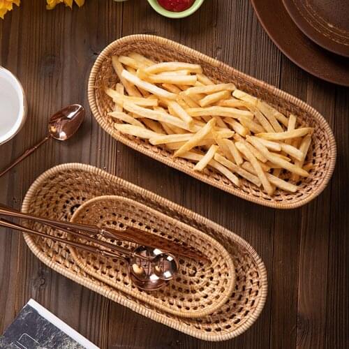 Hand-Woven Storage Basket Rattan Storage Tray Cutlery Storage Basket For Fork Spoon Rattan Woven Storage Fruit Basket