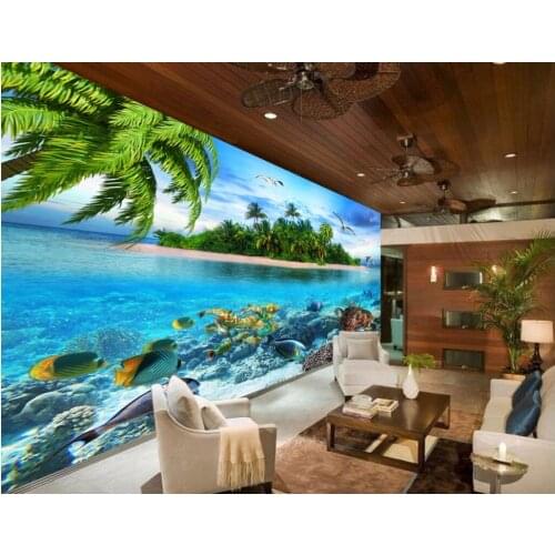 Custom photo designs 3d wall murals wallpaper Non-woven Fish island coconut trees background painting wallpapers for living room
