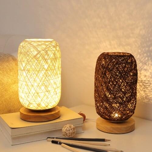 Bedside LED Table Lamp, USB Powered Rustic Rattan Lampshade Wood Base Light Home Kids Bedroom Decor Lighting Lamp