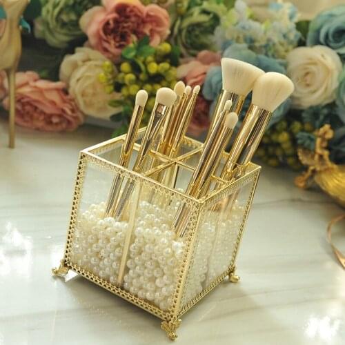 Retro Glass Box Makeup Brushes Holder Pencil Bucket Makeup Organizer Pen Storage Box Transparent Barrel Pen Holder Cake Tools