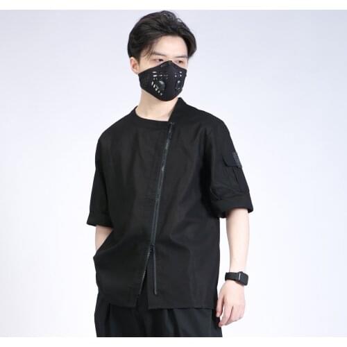 SILENSTORM 2021 Mens Linen Zip Black Crew Neck Shirt Harajuku Fashion Techwear Style