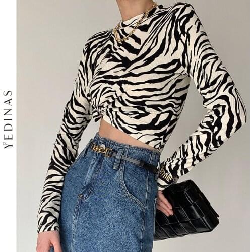 Yedinas Korean Style Leopard Long Sleeve Crop Top Elegant Sexy Slim Autumn T Shirts Chic Fashion Ribbed Tee Shirts Japanese Tops
