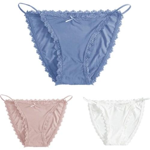 Hot Sale Summer Women Sexy Briefs Solid Color Ice Silk Lace Trim Strap Breathable Thin Panty Briefs Ladies Lingerie