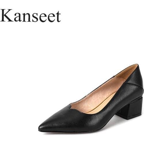 Kanseet Women Pumps 2021 Spring Summer Real Leather Concise Office Lady Daily Footwear Black White Shallow Mid Heels Shoes Woman