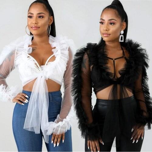 2021 Summer Women Mesh Sheer Sexy Blouse Shirts Ladies Ruffle Long Sleeve V Neck Bandage Crop Top See Through Sexy Club Tops