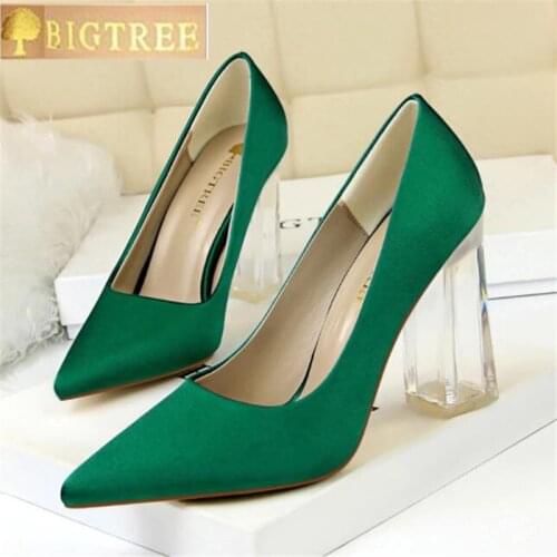 2018 Plus Size 43 Women Block 10cm High Heels Lady Scarpins Green Satin Pumps Female Wedding Yellow Blue Silk Transparent Shoes