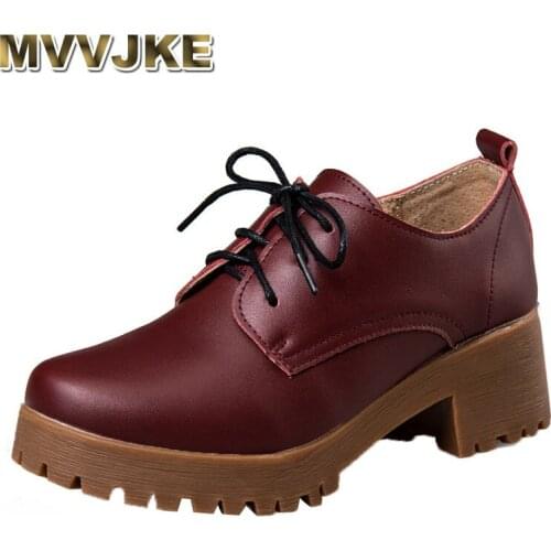 MVVJKEspring \ winter British style leather shoes women flat platform shoes square heel Women Oxford shoes with laces for women