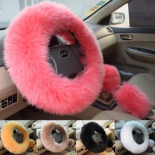 Winter Warm Wool Handbrake Cover Gear Shift Cover Steering Wheel Cover 38cm diameter 1 Set 3 Pcs