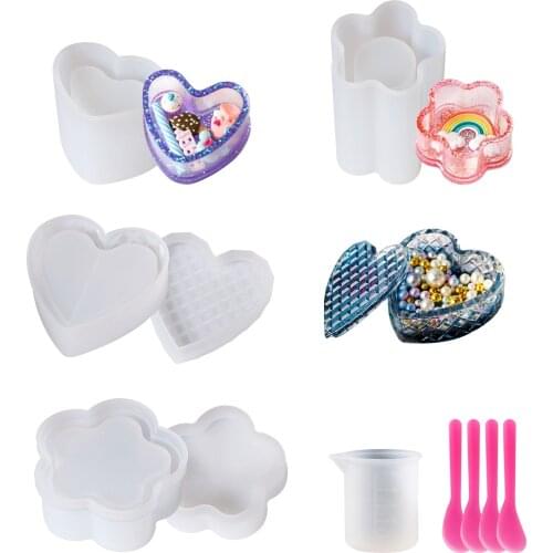 1 Set Heart Flower Shape Silicone Storage Box Molds Kit with Spatula Scoop Measuring Cup for UV Epoxy Resin DIY Jewelry Making