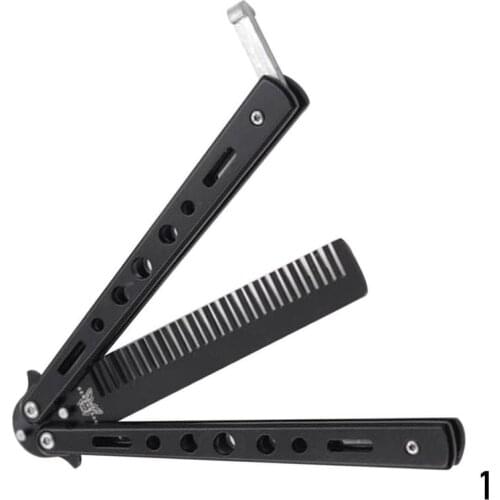 1Pc Black/Silver Foldable Hair Comb Stainless Steel Knife Butterfly Comb Cool Salon Comb Outdoor Knife Steel Trainer Cam
