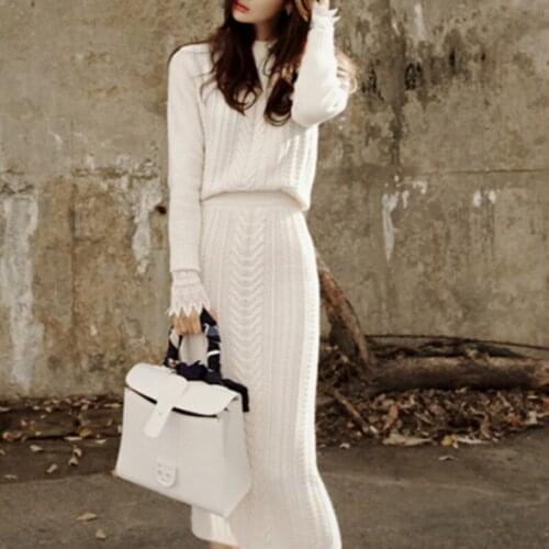 2021 Winter Warm Korean Fashion Two-Piece Sets Womens New O Neck Long-Sleeved Solid Sweater +Elastic High Waist Skirt Suit