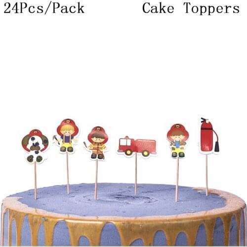 24pcs Fireman Plane Train Toppers Happy Birthday Party Cake Decorate Cupcake Toppers Fire brigade Party Supplies Kids Favors