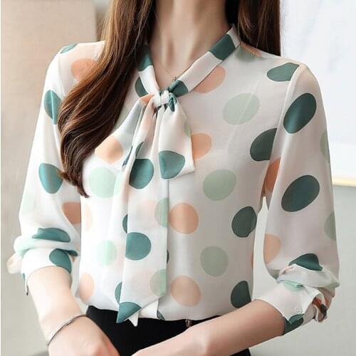 Blusas Mujer De Moda 2021 Casual Dot Chiffon Blouse Long Sleeve Women Shirts Bow Tie V-neck Blouse Women Tops Blusa Feminina C31