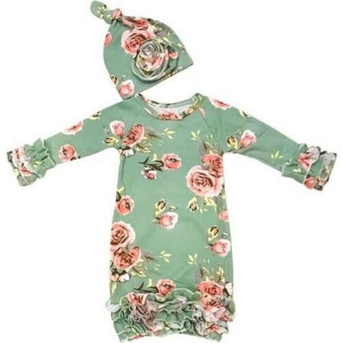 Focusnorm 0-6M 2Pcs Newborn Baby Girl Sleepwear Dress Print Floral Long Sleeve Swaddle Wrap Blanket Sleeping Bag +Hat