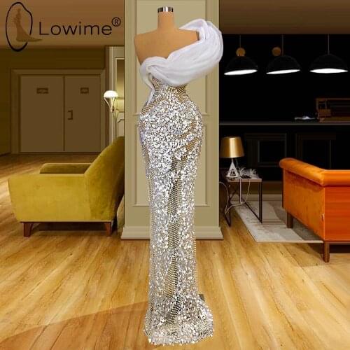 Illusion Ivory Luxury Heavy Beading Evening Dresses One Shoulder Sexy Evening Gowns Custom Made Robes De Soiree
