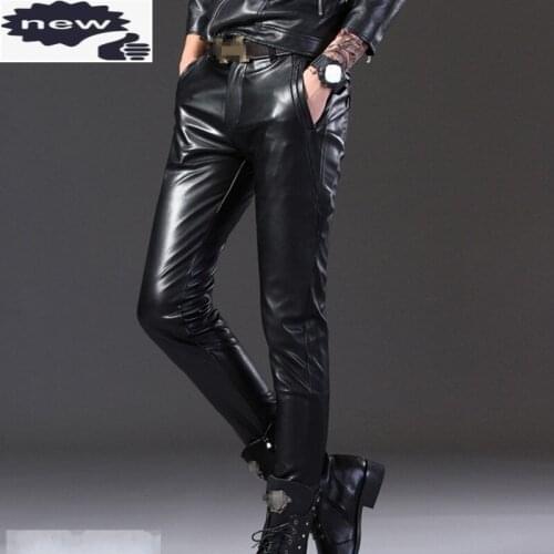 Personality Mens Motorcycle Black Faux Fashion Elastic Skinny Pencil Pants Winter Casual Fleece Leather Trousers