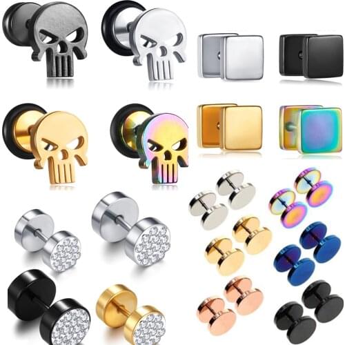 JUNLOWPY ound Stud Earrings Stainless Steel Druzy Studs Earrings Set for Women Mens Girls Faux Fake Cheater Ear Plugs Gauge Punk