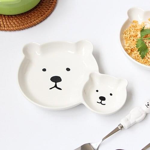 Korean Children Parent-Child Bear Divided Grid Plate Baby Porcelain Animal Dinner Plate Underglaze поднос Ceramic Fork Spoon