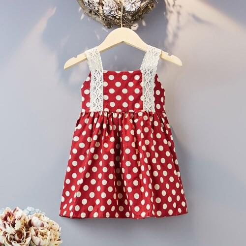 Girls Dresses Red Polka Dot Lace Sleeveless Cute Dress Baby Kids Toddler Casual Knee-Length Skirt 2021 New Children Strap Dress