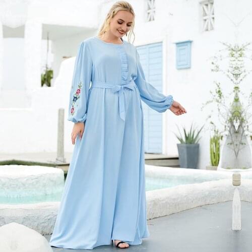 Moroccan Middle East Fresh Dress Oversized Womens Fashion Long Sleeve Stitching Blue Embroidered Folds Lace Up Modest Dress