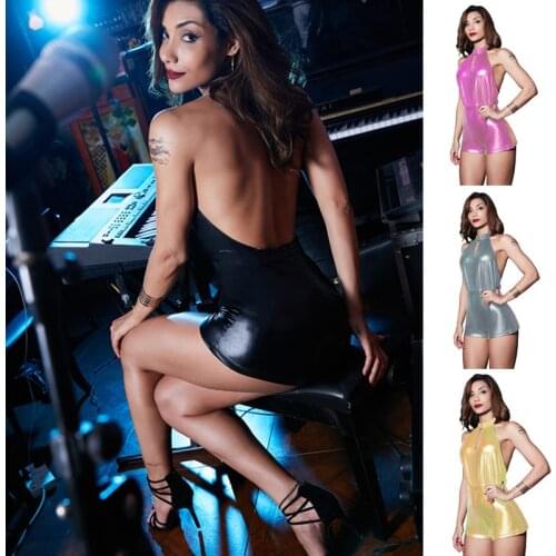 Fashion Sexy Womens PU Leather Backless WetLook Bodysuit Catsuit Sleeveless Leotard Top Clubwear Jumpsuit Rompers Pole Dancing