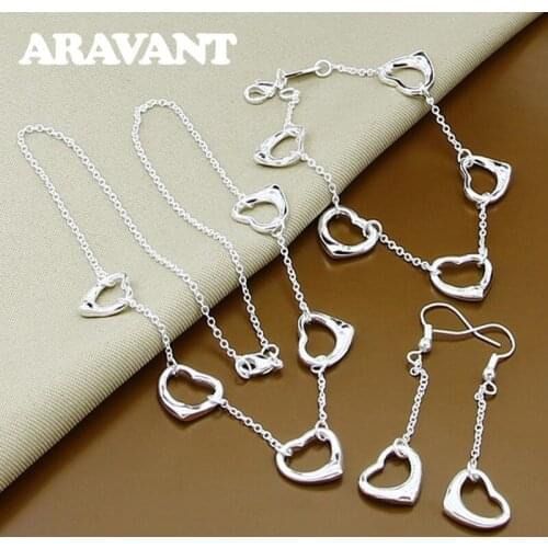925 Silver Jewelry Sets Hollow Heart Necklaces Long Chain Drop Earrings Bracelets Set For Women Party Jewelry Gifts