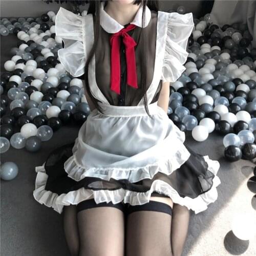 Sexy Cosplay Maid Dress Lovely Lolita Girl Perspective Set Japanese Style Women Vintage Transparent Bowknot Uniform Apron Set