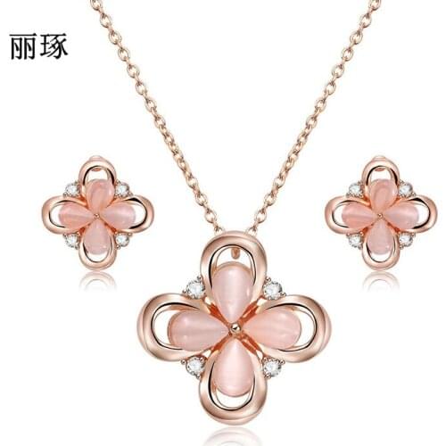 Pink petal alloy opal shape earrings necklace jewelry set female stainless steel alloy simple wild temperament fashion jewelry
